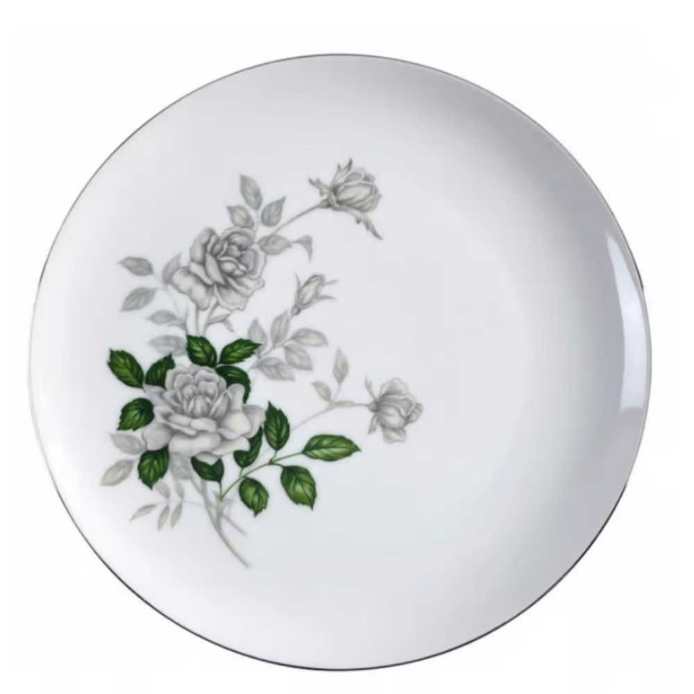 Vintage Gray Pearl Dinner Plate Platinum Silver Trim - SONE Magnolia Flower